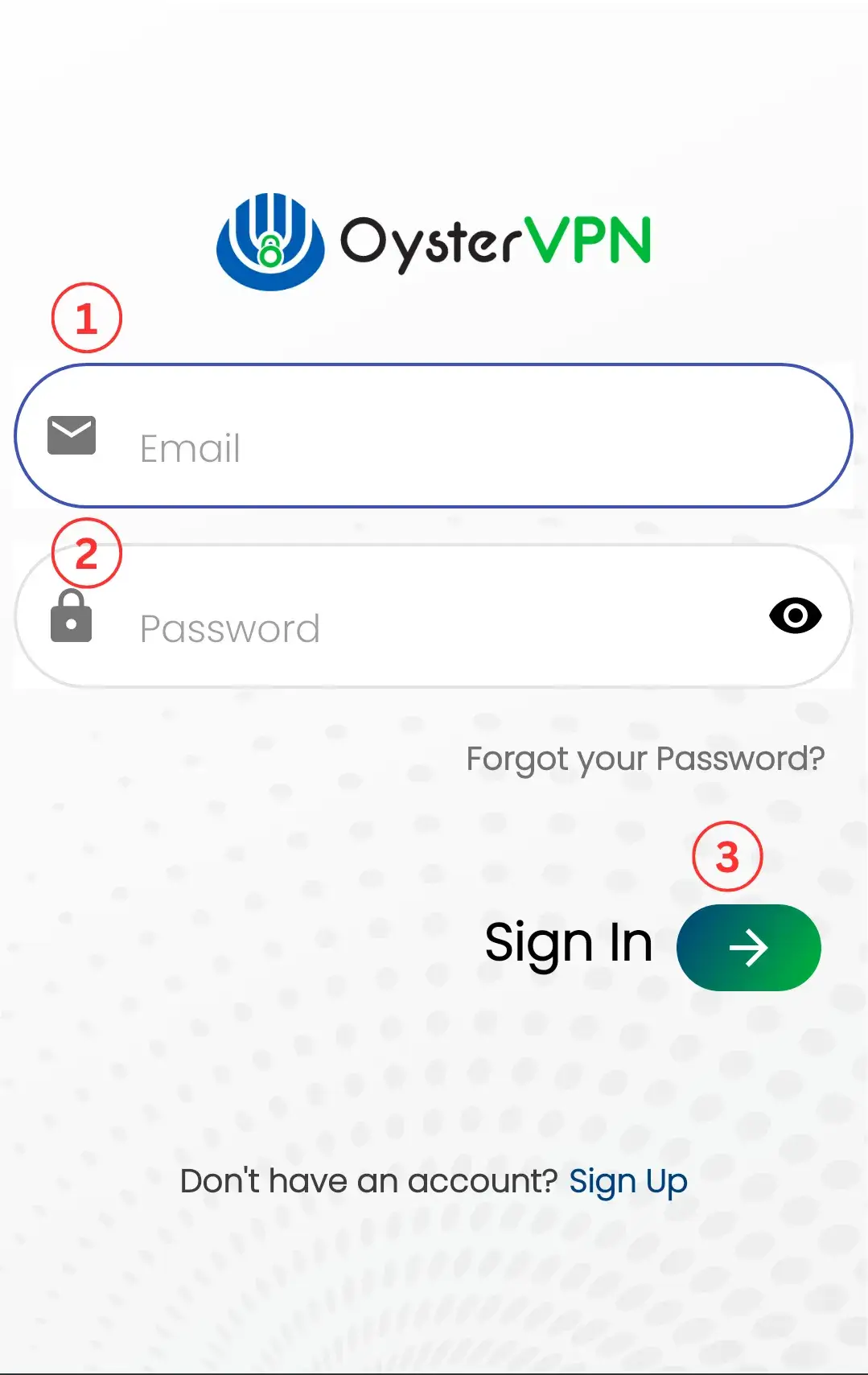 OysterVPN Android App Login Details Page